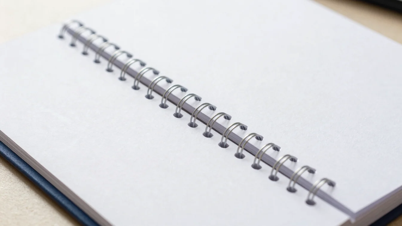 Tight detail shot of paper grain and clean binding coils under bright natural workspace lighting