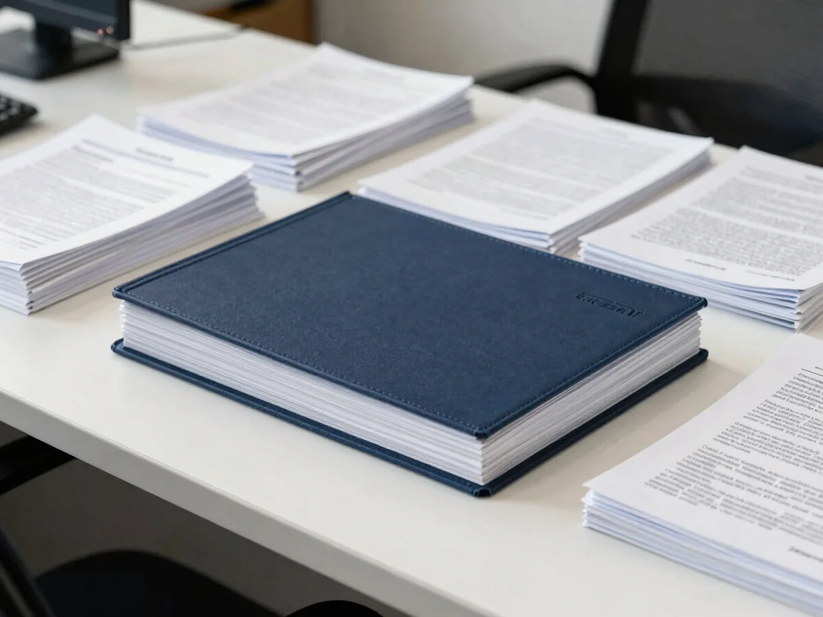 Freshly bound presentation decks and organized stacks of sorted p