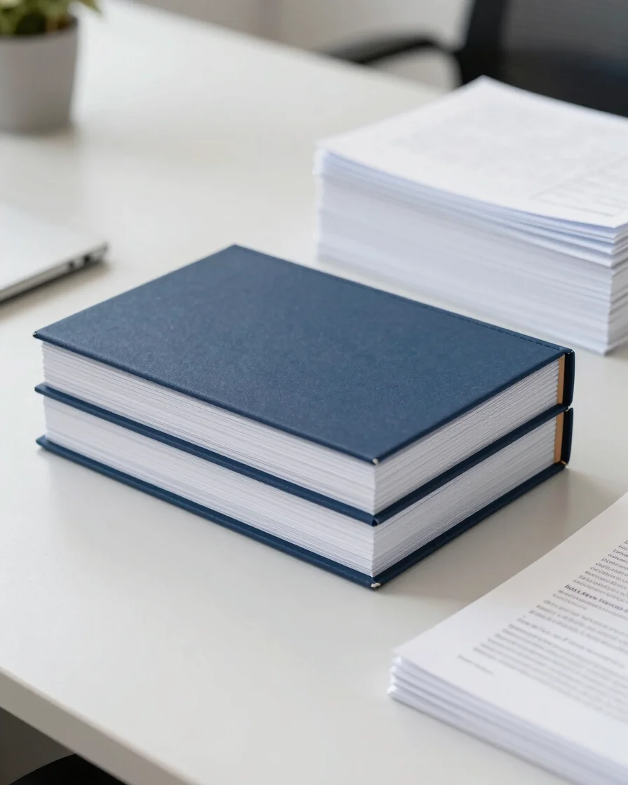 Freshly bound presentation decks and sorted paper stacks on a clean office work table under bright natural workspace lig
